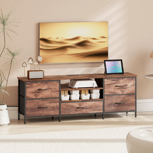Industrial-style TV stand for TVs up to 65 inches, with charging station, 5 drawers and open shelves, rustic brown