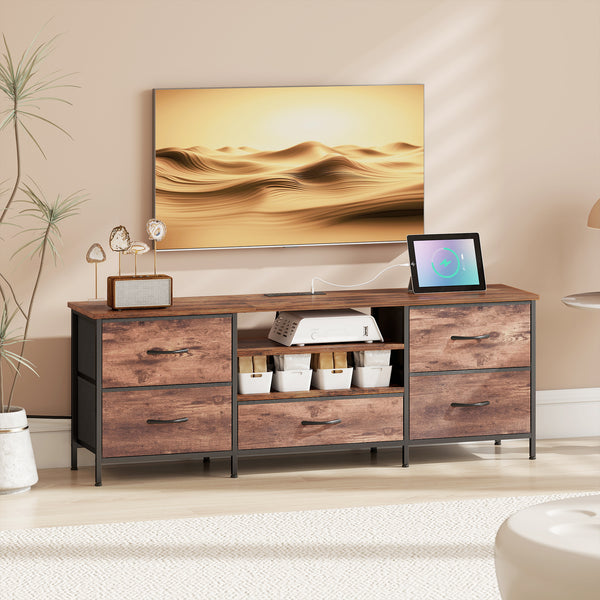 Industrial-style TV stand for TVs up to 65 inches, with charging station, 5 drawers and open shelves, rustic brown