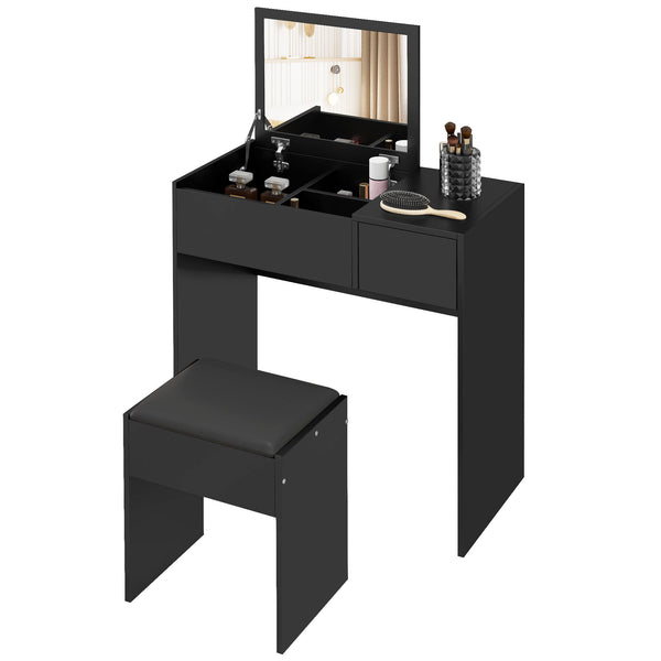 Modern dressing table with folding mirror and padded stool, black