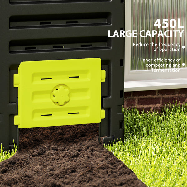 Garden composter with 80 ventilation holes and 2 sliding doors, 450 L, yellow