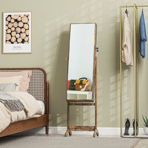 Lockable Jewelry Armoire with Full-Length Mirror and Jewelry Storage, Rustic Brown