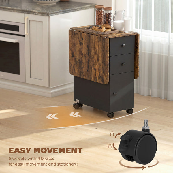 Drop-leaf dining table on casters with drawers and cupboard, rustic brown and black.