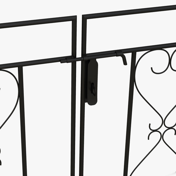 Metal garden arch with gate, trellis for climbing plants, black