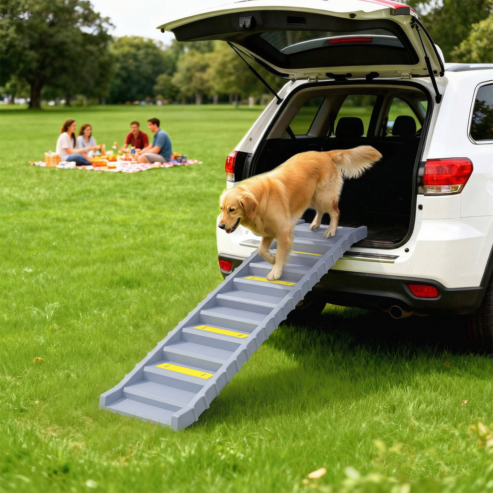 Folding dog ramp, 10 steps, 55 lb capacity, gray