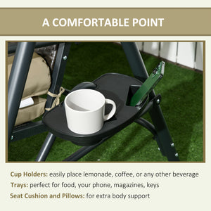 Outdoor 3-Seat Porch Swing with Canopy, Rattan Seat, Removable Cushion, Pillows and Steel Frame
