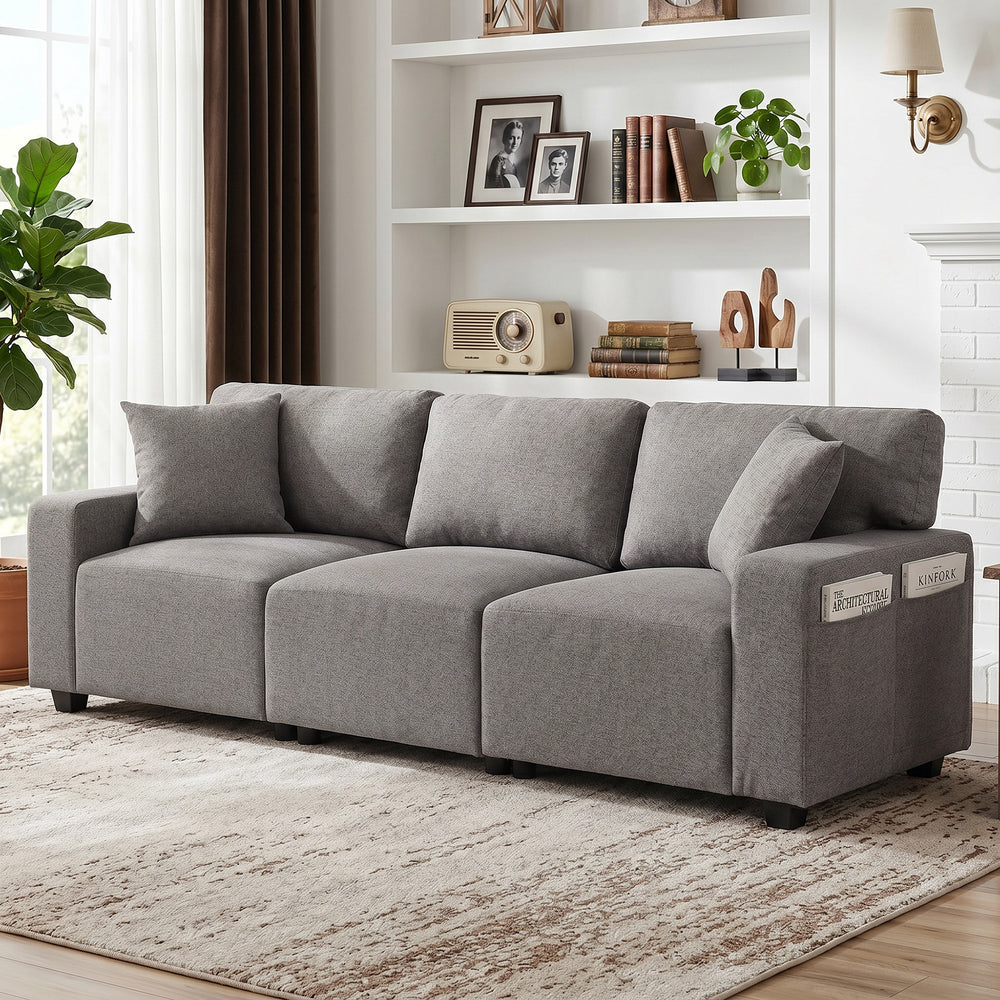 3-seater sofa with storage pockets, modern upholstered with pocket springs, gray