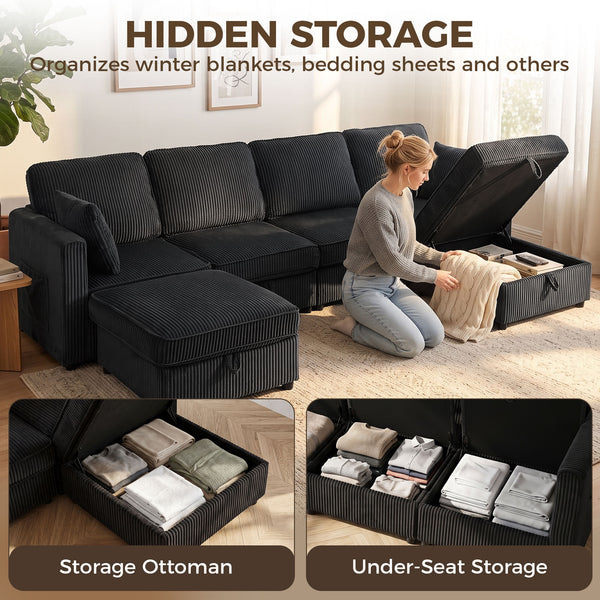U-shaped corduroy sofa with double storage ottoman, under-seat storage, 4 cushions, dark grey