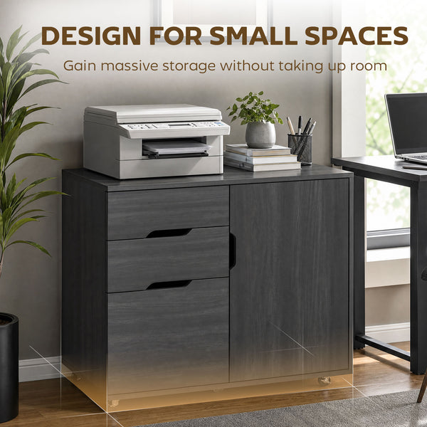 Black wood-effect mobile filing cabinet with file drawer and adjustable storage, dark grey