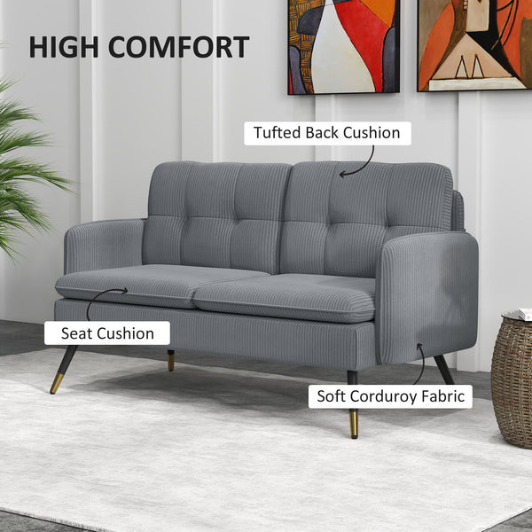 Two-seater corduroy sofa with springs, steel legs and tufting, dark gray