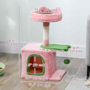 71cm Cat Tree with Soft Bed, Comfortable Cave, Scratching Post and Hanging Ball, Pink and Green