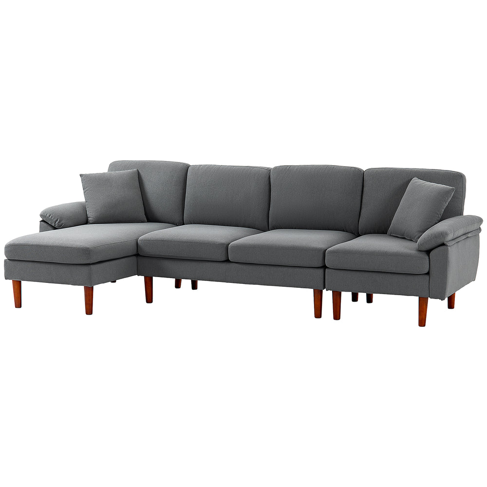 Modern L-shaped sectional sofa with removable chaise, cushions and wooden legs, dark gray
