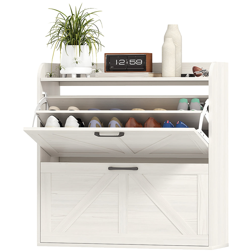 Meuble à chaussures de style ferme en chêne blanc avec 2 tiroirs rabattables et étagères réglables – rangement pratique et décoratif pour entrée