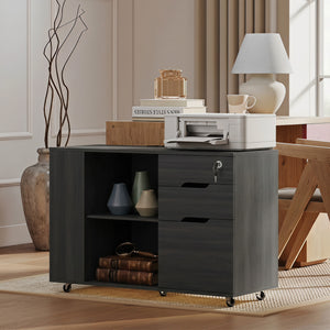Mobile filing cabinet with storage, drawers and charging station, gray
