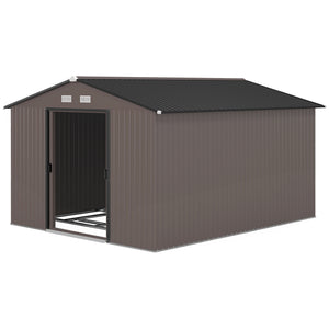 9' x 10.6' Garden Shed with Foundation Kit, Metal with Double Doors, Brown
