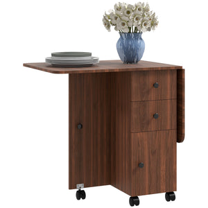 Drop-leaf dining table on casters with drawers, brown