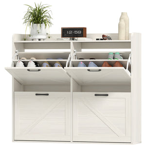 Shoe cabinet with 4 drop-down drawers, adjustable shelves for 16 pairs, white oak