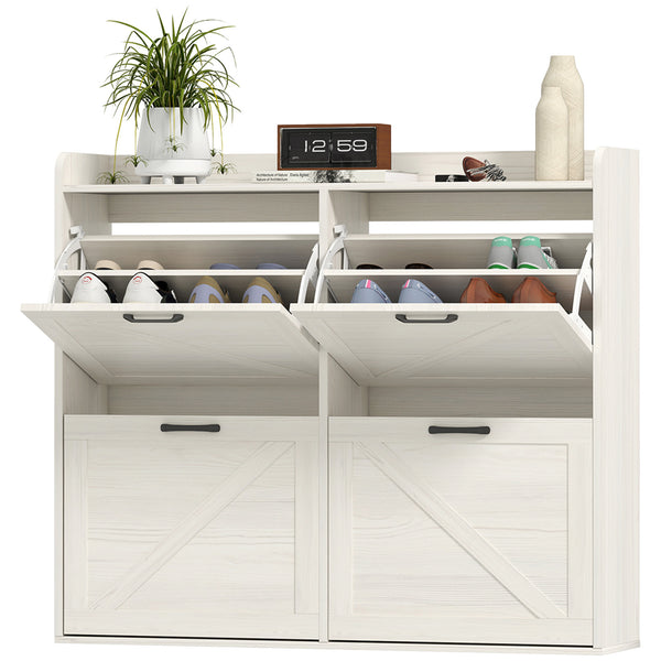 Shoe cabinet with 4 drop-down drawers, adjustable shelves for 16 pairs, white oak
