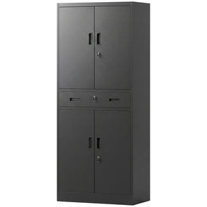 Lockable steel storage cabinet with drawer and adjustable shelves, black