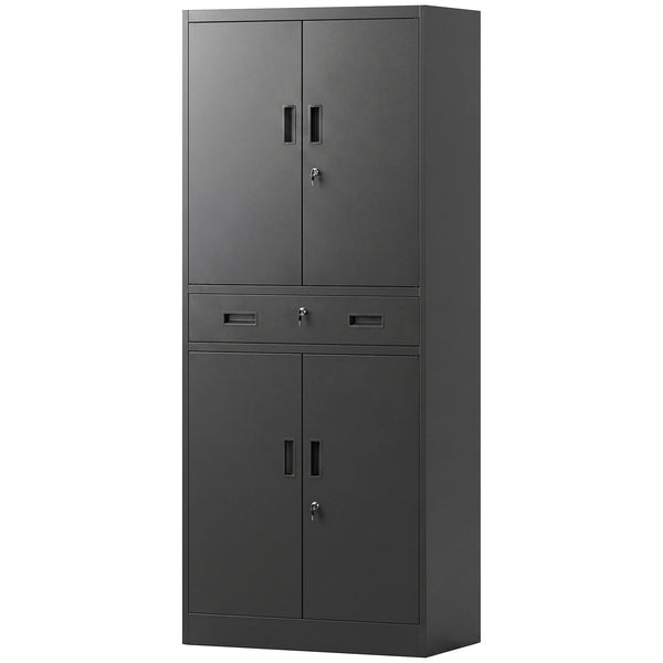 Lockable steel storage cabinet with drawer and adjustable shelves, black