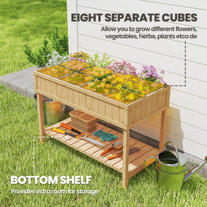 Raised planter with 8 compartments, storage shelf, natural wood color