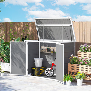 Garden shed for outdoor horizontal bin with chain lid, grey