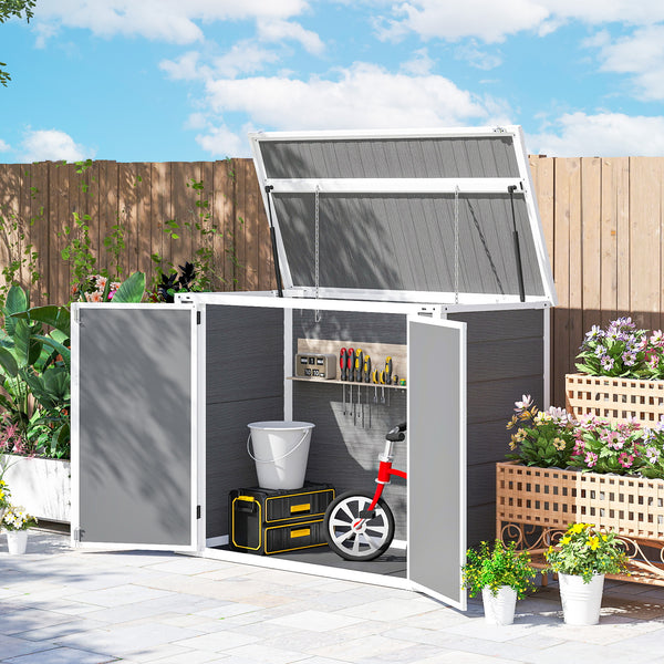 Garden shed for outdoor horizontal bin with chain lid, grey