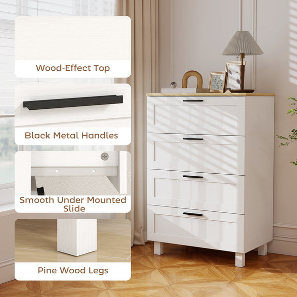 4-drawer chest of drawers for bedroom with solid wood legs, Colour: white.