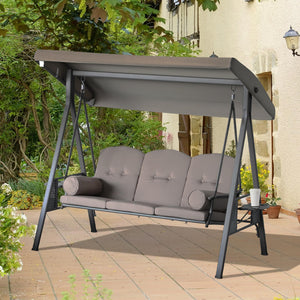3 Seater Porch Swing Heavy Duty Outdoor Swing Chair Outdoor Lounge Hammock Cushioned Seat W/ Tilt Canopy, Brown