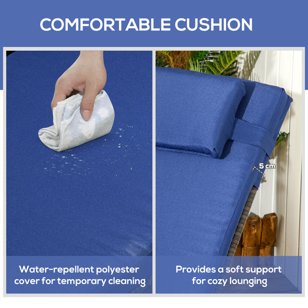 Wicker chaise longue with wheels and table with tempered glass top, dark blue