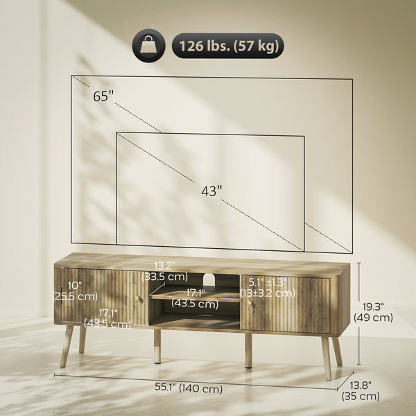 65-inch TV stand with adjustable shelves and pine, oak legs