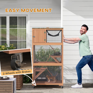 Cat enclosure on wheels with hammock and several resting platforms, beige
