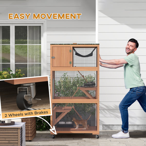 Cat enclosure on wheels with hammock and several resting platforms, beige