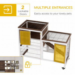 Wooden hutch with wheels, removable trays and run, brown