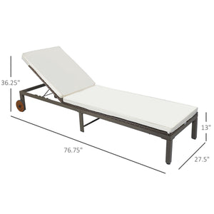 Rattan chaise lounge with 4-position adjustable backrest and casters, cream white