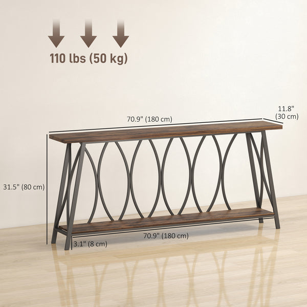 Industrial style two-tier console table with metal frame, rustic brown color.
