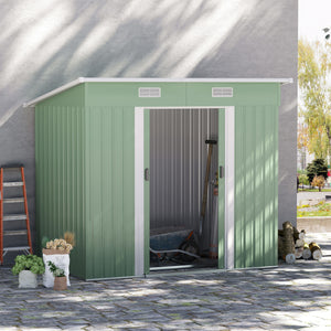 Lockable metal garden shed, light green