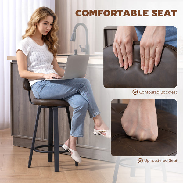 Set of 2 Upholstered Bar Stools with Footrests and Backrests for Kitchen Counter, Brown