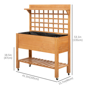 Raised wooden planter with shelf and casters