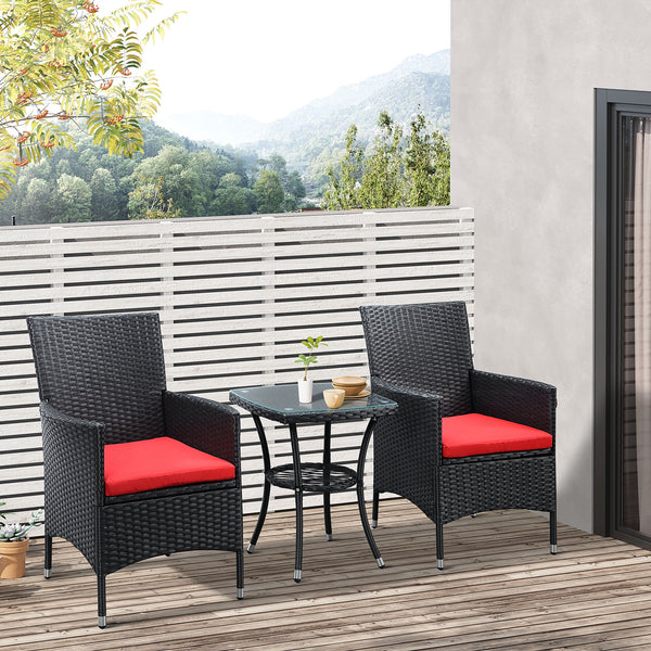 3 Pieces Wicker Patio Furniture Set, Rattan Bistro Set with Glass Top Coffee Table and Cushions, Outdoor Conversation Set for Garden, Porch, Balcony, Red