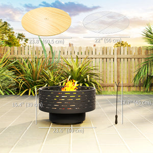 3-in-1 Fire Pit Φ23.8" x 15.4" Stainless Steel Outdoor Fire Bowl with Wood-Effect Fire Basket