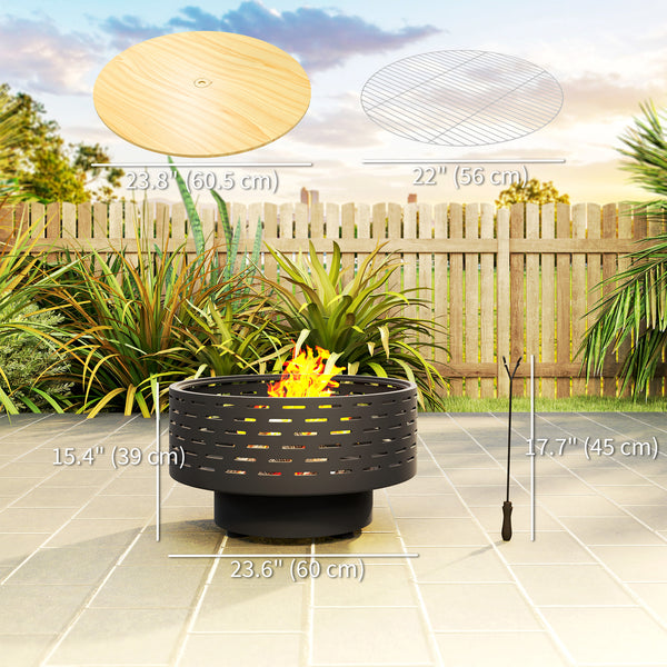 3-in-1 Fire Pit Φ23.8" x 15.4" Stainless Steel Outdoor Fire Bowl with Wood-Effect Fire Basket