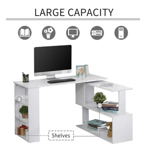 47" L-shaped corner desk, 360° rotating, reversible, with storage shelf, white