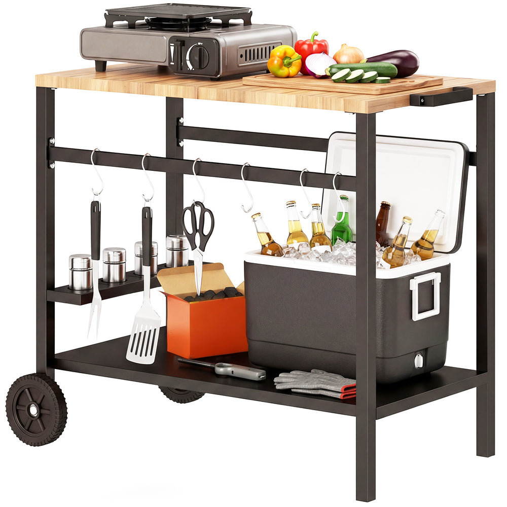 2-Tier Outdoor BBQ Cart, Grill Stand with Drink Holder, Hooks, and Wheels, Black and Brown