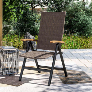 Folding Wicker Dining Chair with Steel Frame, Armrests and Backrest, Brown