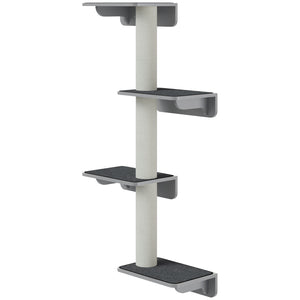 Wall-mounted cat tree with 4 platforms and 3 scratching posts, light grey