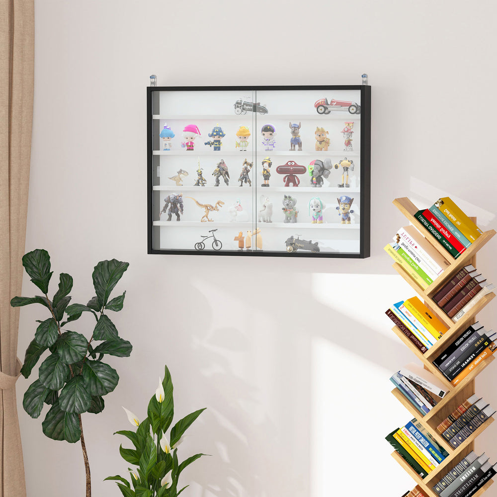 5-tier display case with 2 glass doors and 4 adjustable shelves, black and white