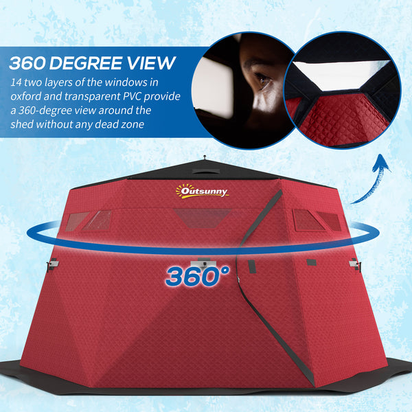 Insulated ice fishing shelter for 4 people, foldable with carry bag and two doors for temperatures down to -30°C, red