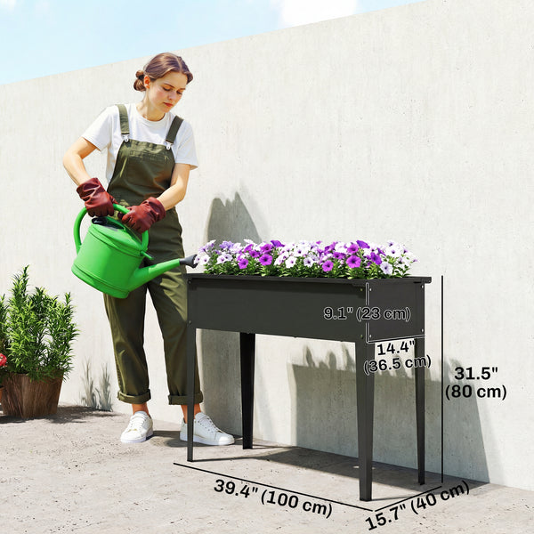 Raised garden bed with reinforced corners, metal on legs with drainage hole, black