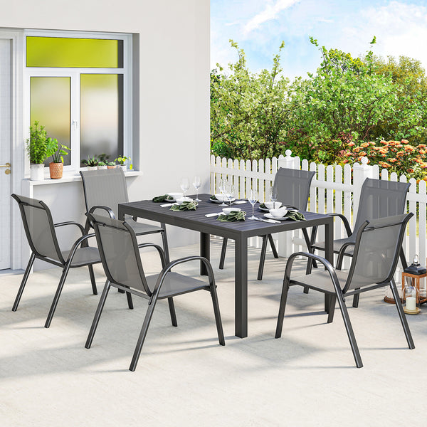 7-piece dining set for 6 people, stackable chairs, light grey