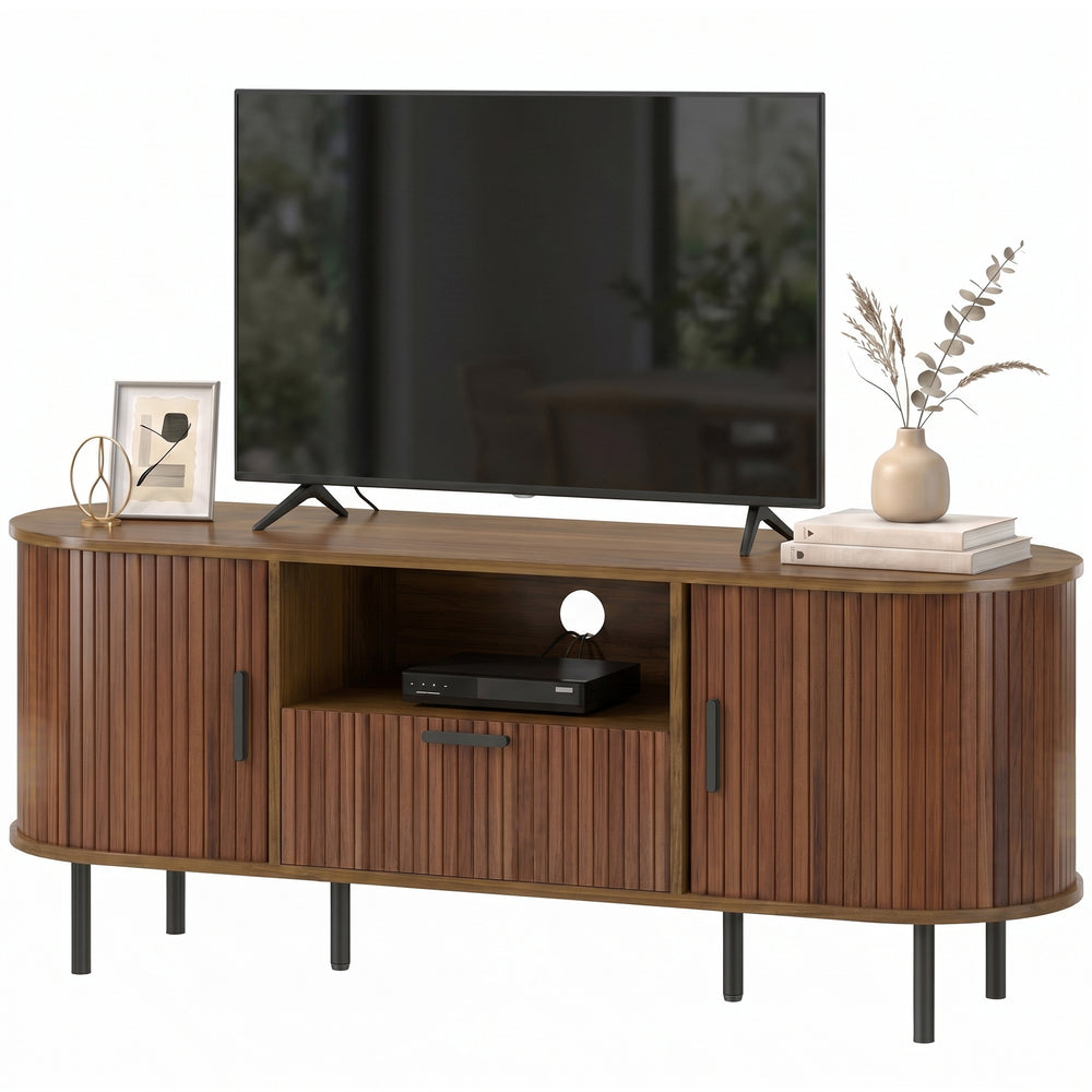 TV stand for up to 60-inch TVs with curved sliding doors and storage, brown